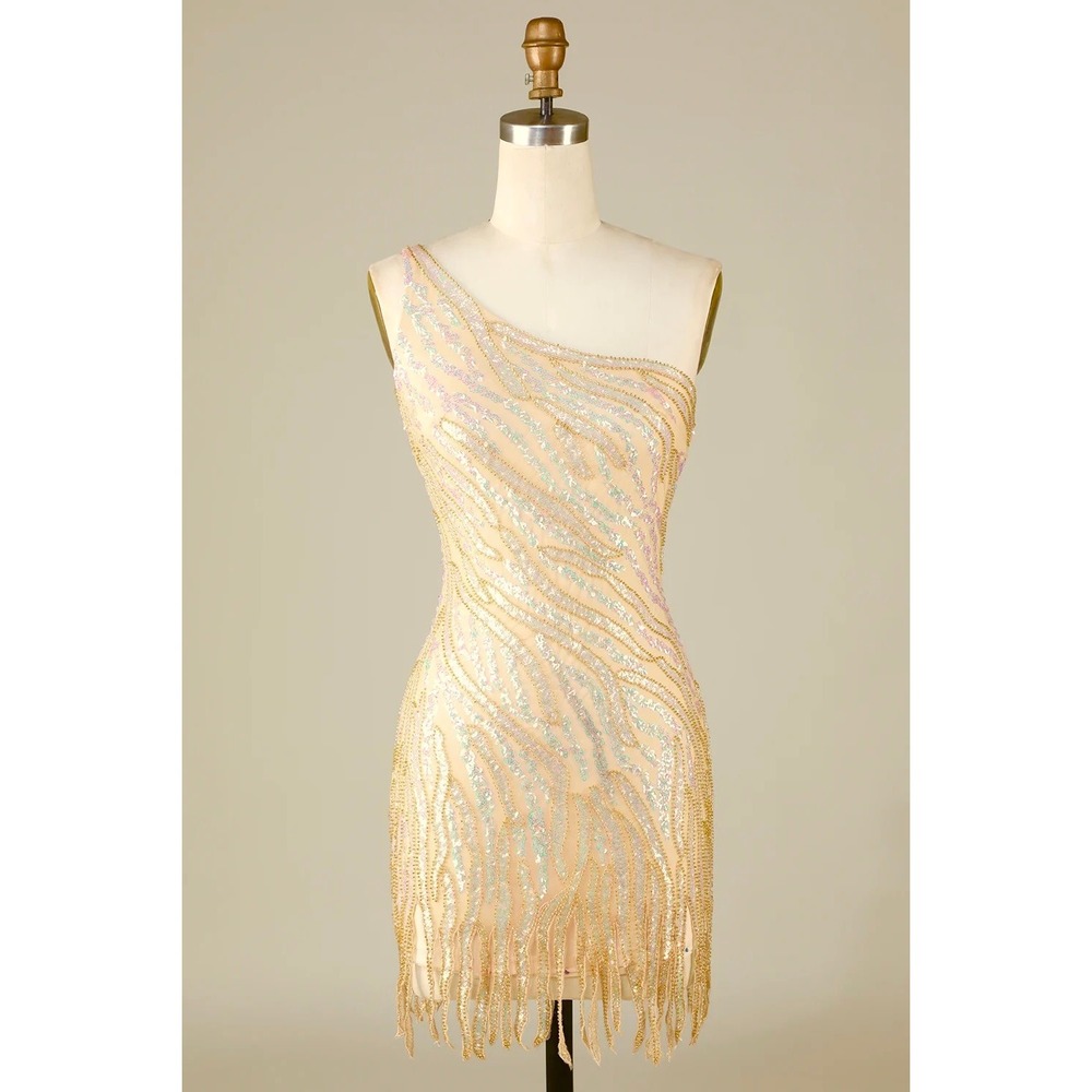 Zapaka Gold One-Shoulder Sequined Cocktail Dress S Mini Sheath Under the Sea